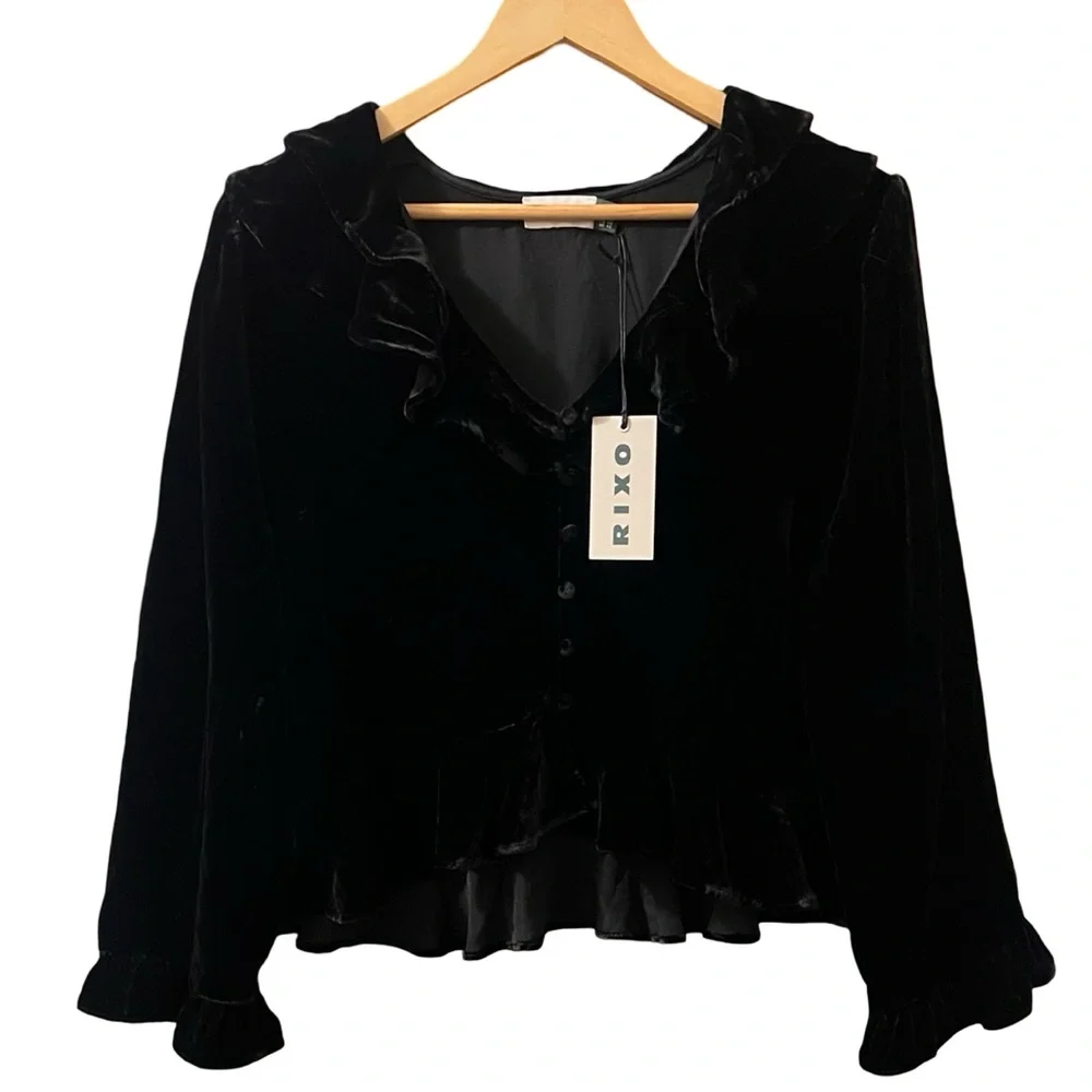 Rixo Top Atlas Ruffle Velvet Blouse Free People Whimsigoth 90s Witchy Shirt XL‎